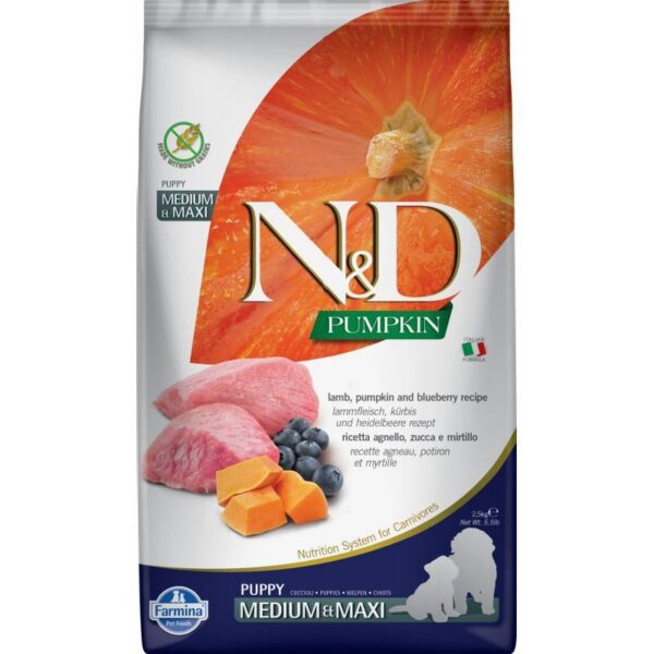 N&D Pumpkin Lamb&Blueberry Puppy Medium/Maxi 12 kg bezzbożowa karma z jagnięciną i dynią dla szczeniąt i ciężarnych lub karmiących suk